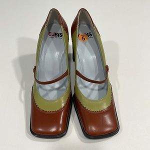 CJBIS Funky Retro Square Toe Green Brown Strap Heels